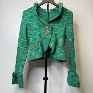 HWR Anthropologie Green Ruffled Cropped Cardigan Bell Sleeves Size Extra Small